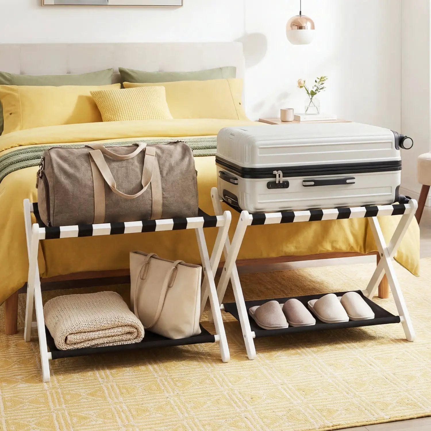 Solid Rubberwood Folding Luggage Rack with Nylon Shelves Set of 2 by DirectDeals