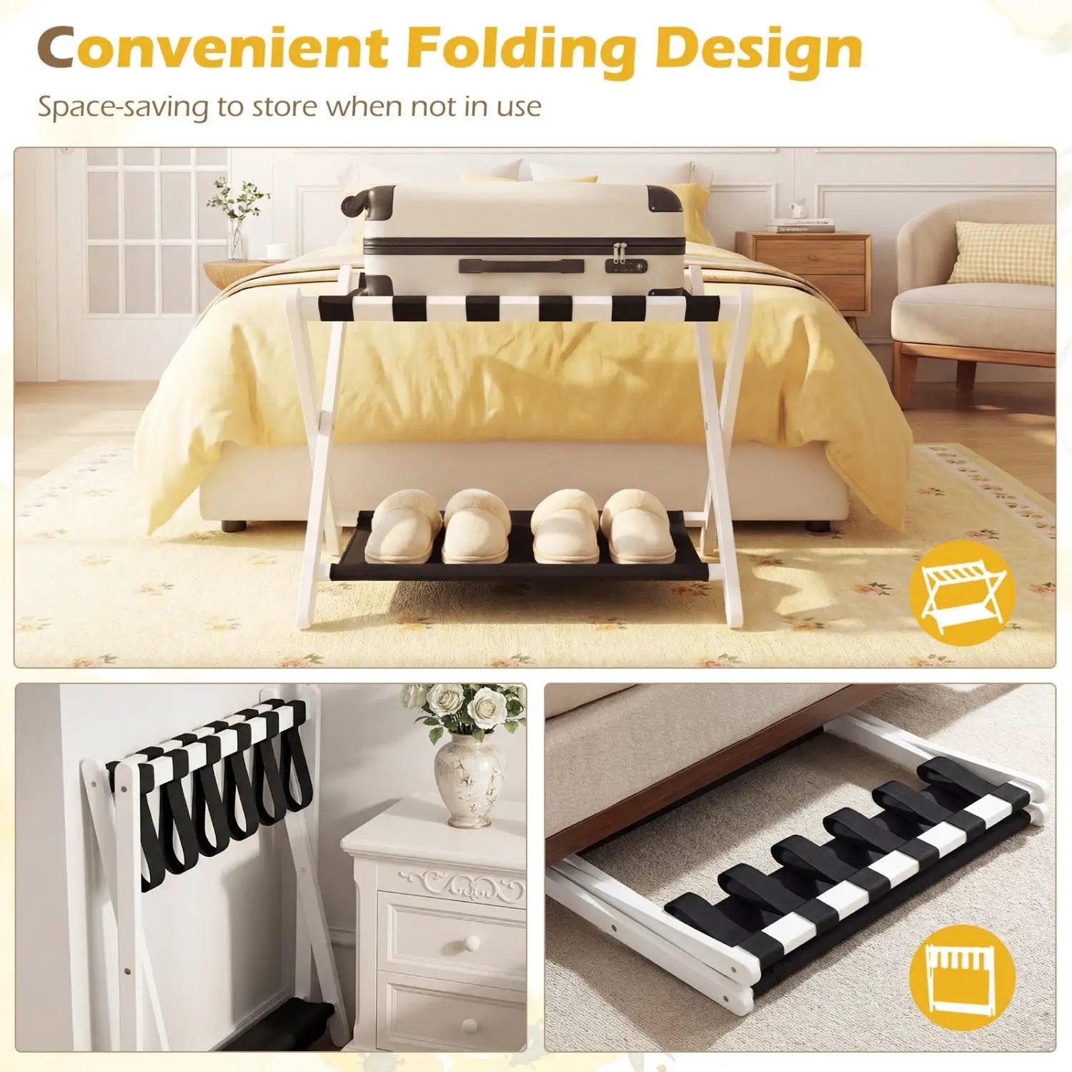 Solid Rubberwood Folding Luggage Rack with Nylon Shelves Set of 2 by DirectDeals