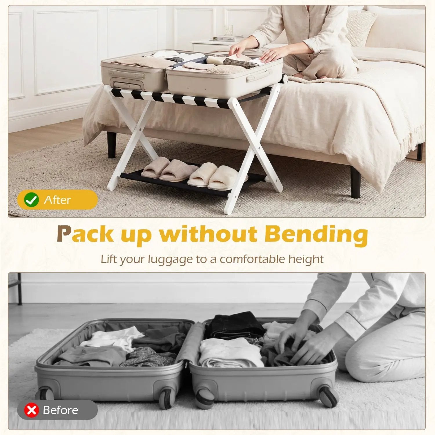 Solid Rubberwood Folding Luggage Rack with Nylon Shelves Set of 2 by DirectDeals