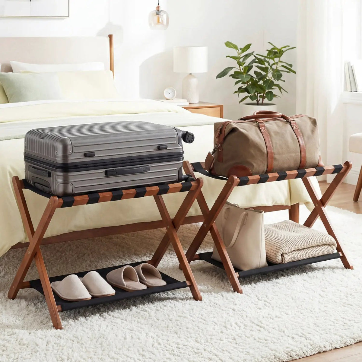 Solid Rubberwood Folding Luggage Rack with Nylon Shelves Set of 2, photo 3 of 16
