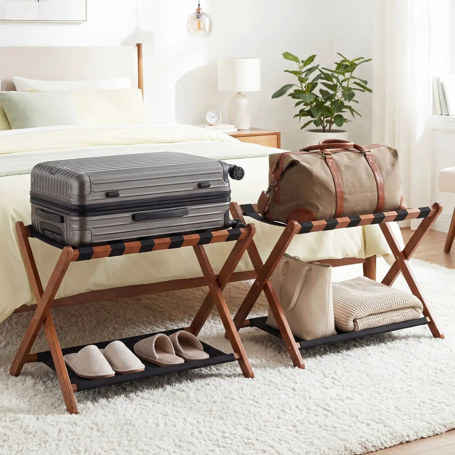 Solid Rubberwood Folding Luggage Rack with Nylon Shelves Set of 2 by DirectDeals