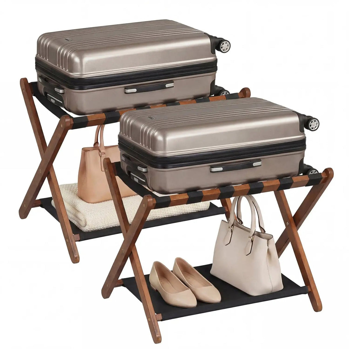 Solid Rubberwood Folding Luggage Rack with Nylon Shelves Set of 2, photo 4 of 16