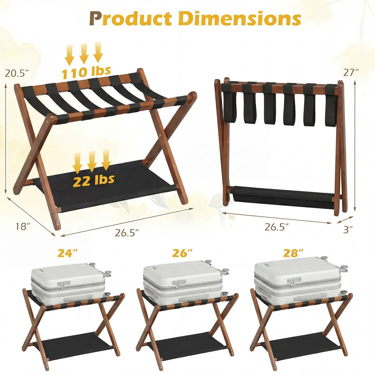 Solid Rubberwood Folding Luggage Rack with Nylon Shelves Set of 2, photo 5 of 16