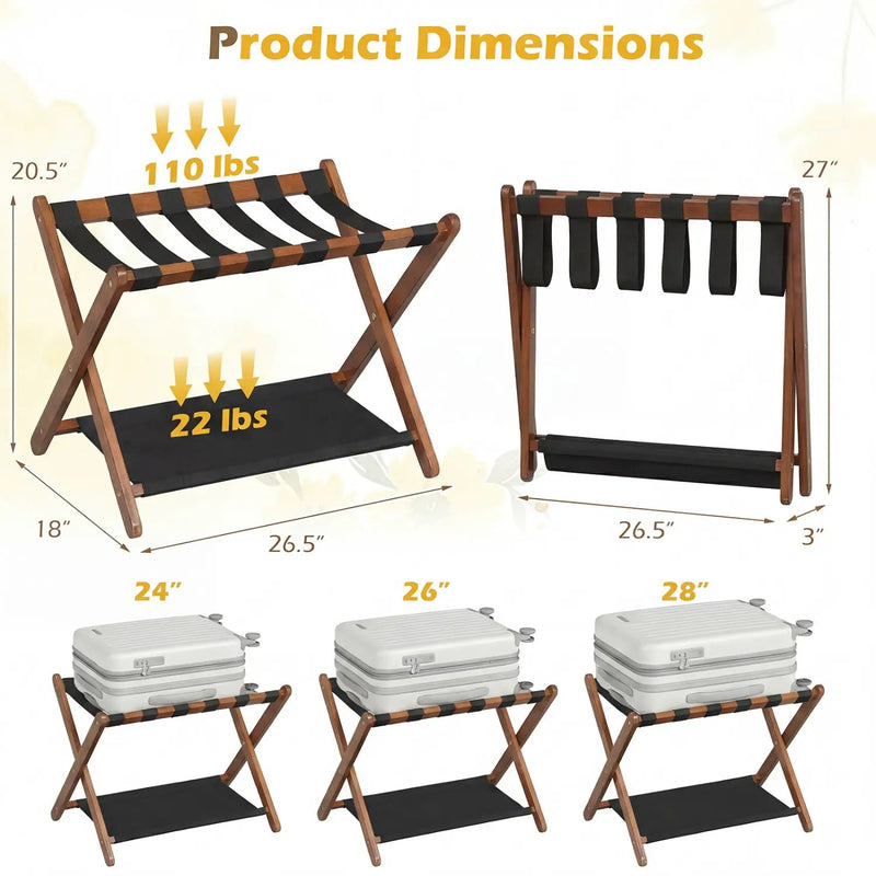 Solid Rubberwood Folding Luggage Rack with Nylon Shelves Set of 2 by DirectDeals