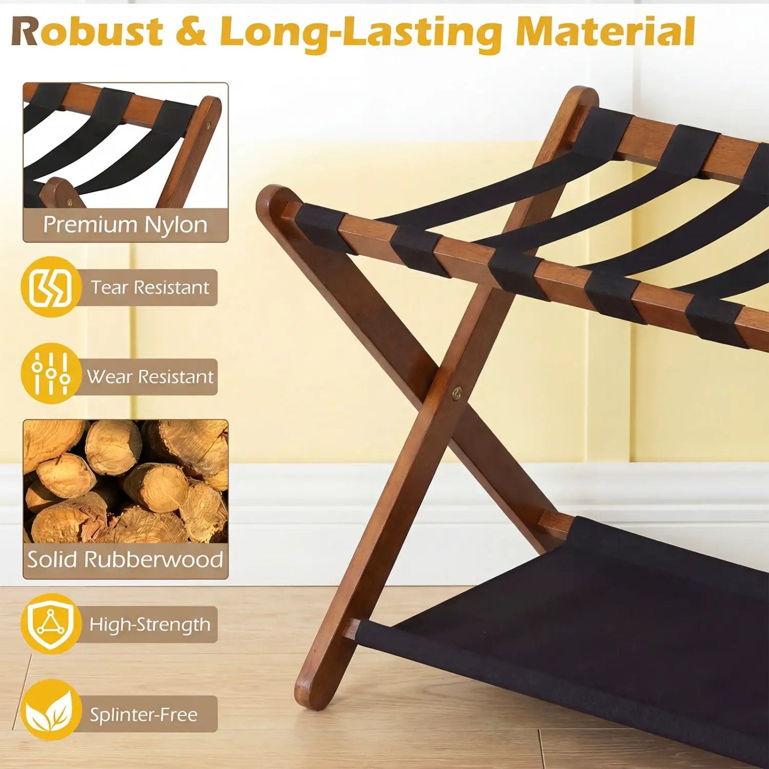 Solid Rubberwood Folding Luggage Rack with Nylon Shelves Set of 2 by DirectDeals