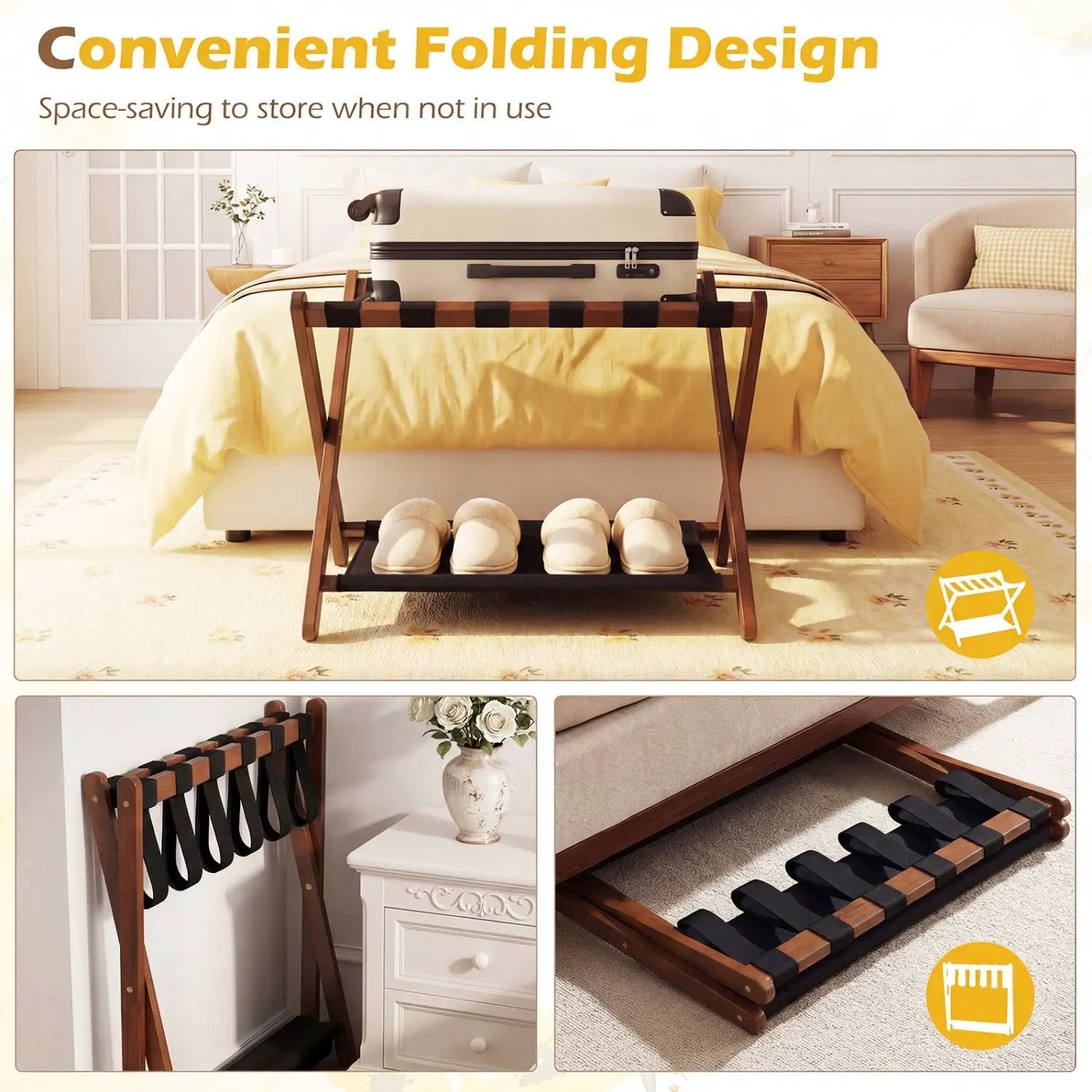 Solid Rubberwood Folding Luggage Rack with Nylon Shelves Set of 2 by DirectDeals