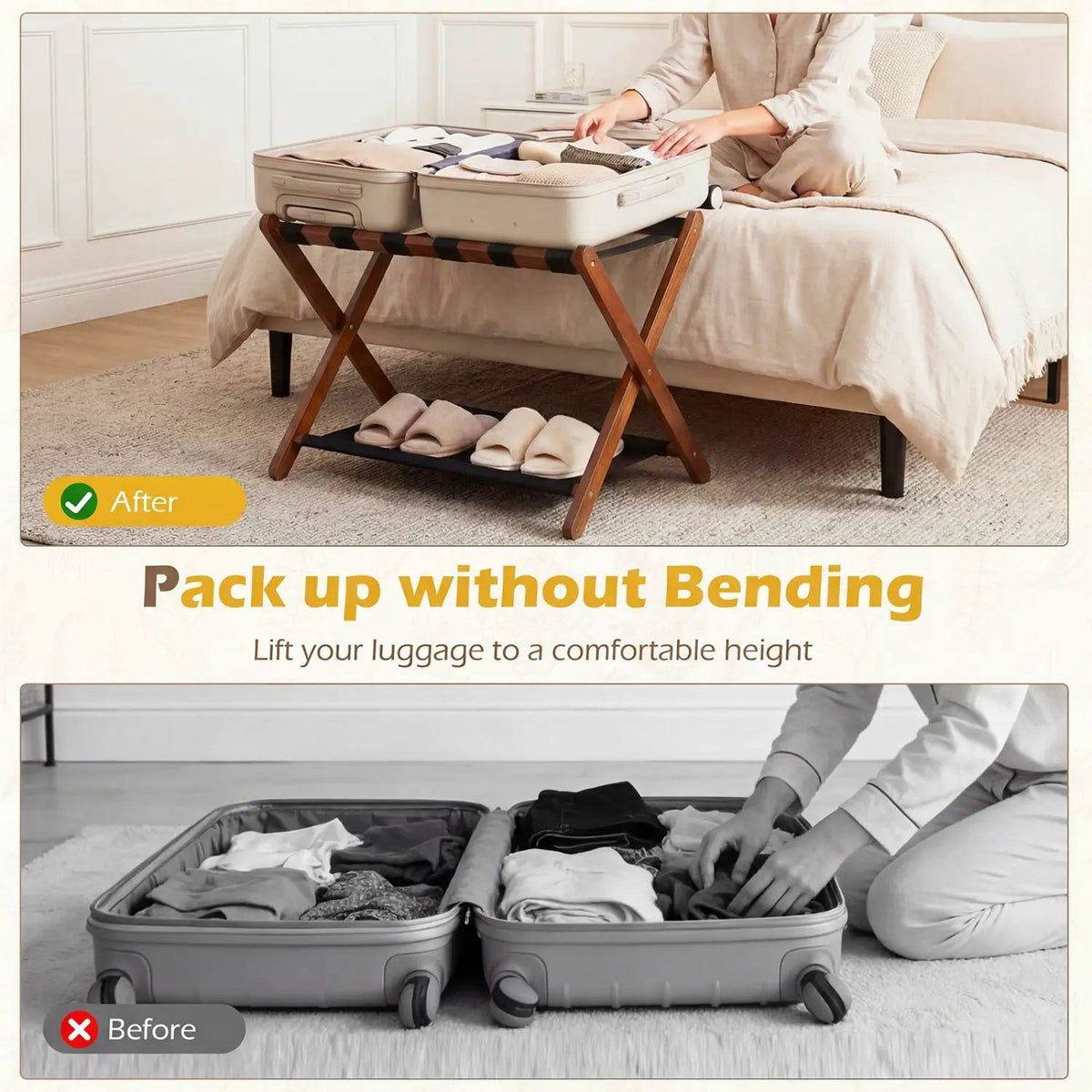 Solid Rubberwood Folding Luggage Rack with Nylon Shelves Set of 2, photo 8 of 16