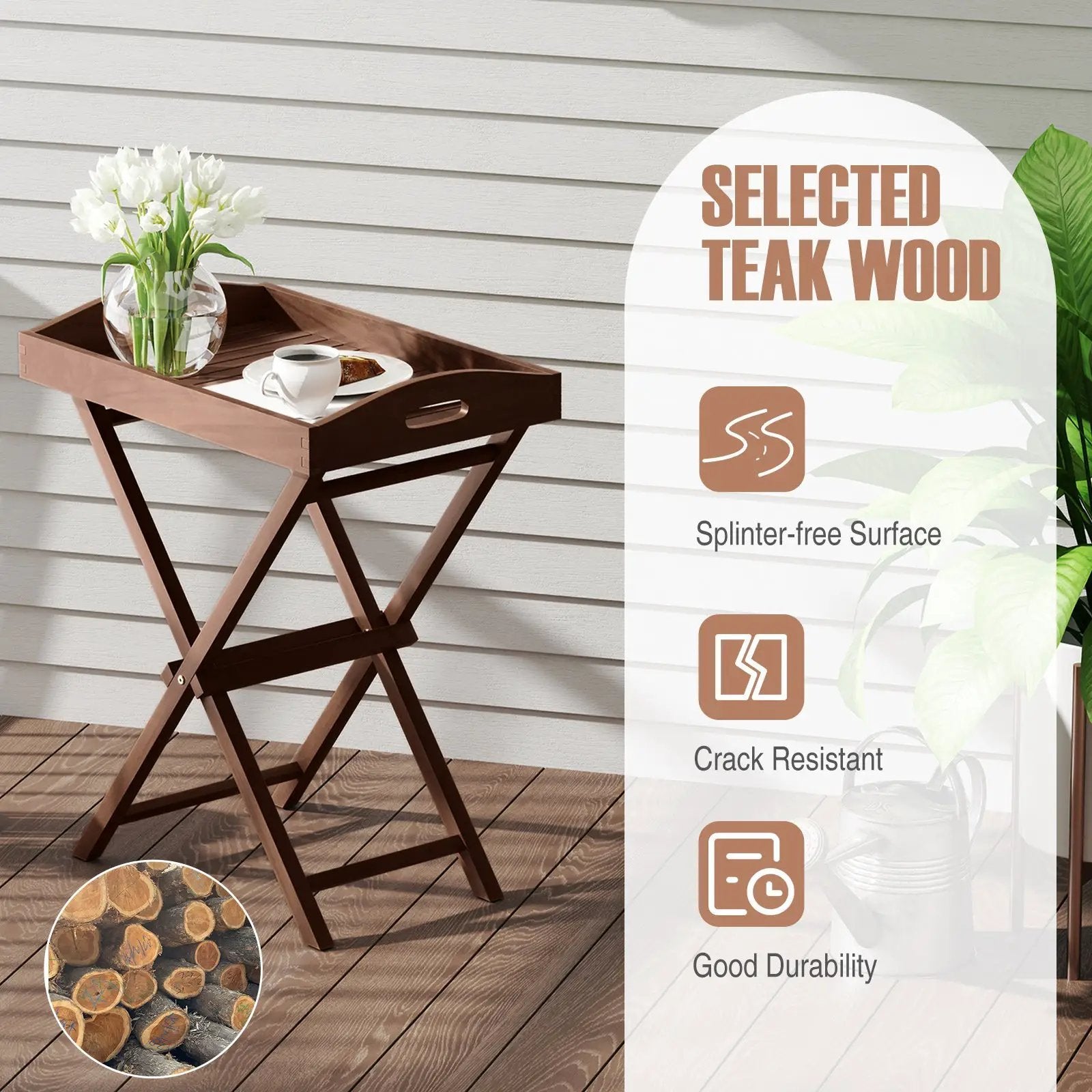 Solid Teak Wood Tray Table with Removable Tray Top for Patio and Garden by DirectDeals