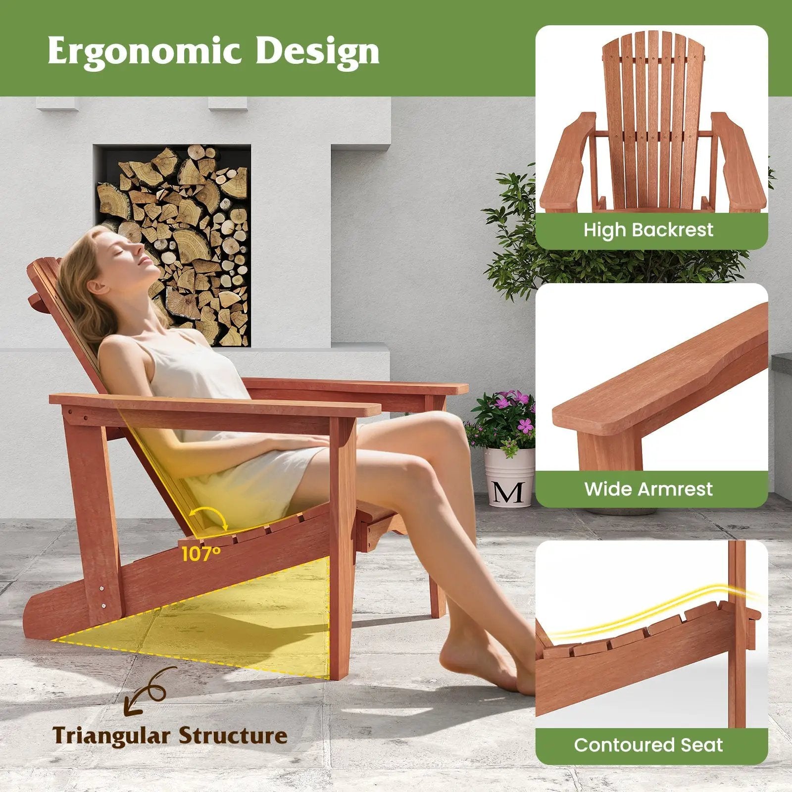Solid Wood Adirondack Chair with High Backrest and Wide Armrests by DirectDeals
