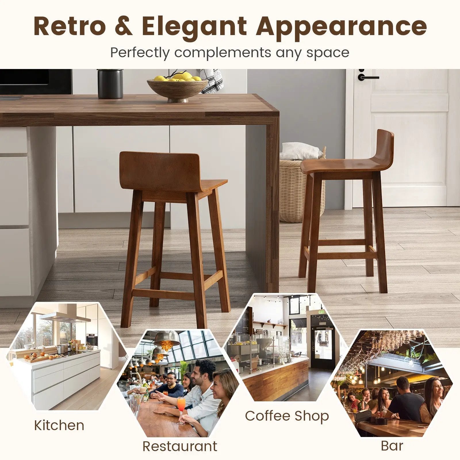 Wood Bar Stools Set of 2 with Solid Back and Seat by DirectDeals