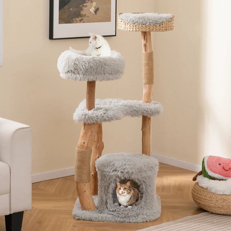 Solid Wood Cat Tower with Top Cattail Basket Cat Bed by DirectDeals