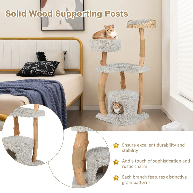Solid Wood Cat Tower with Top Cattail Basket Cat Bed by DirectDeals
