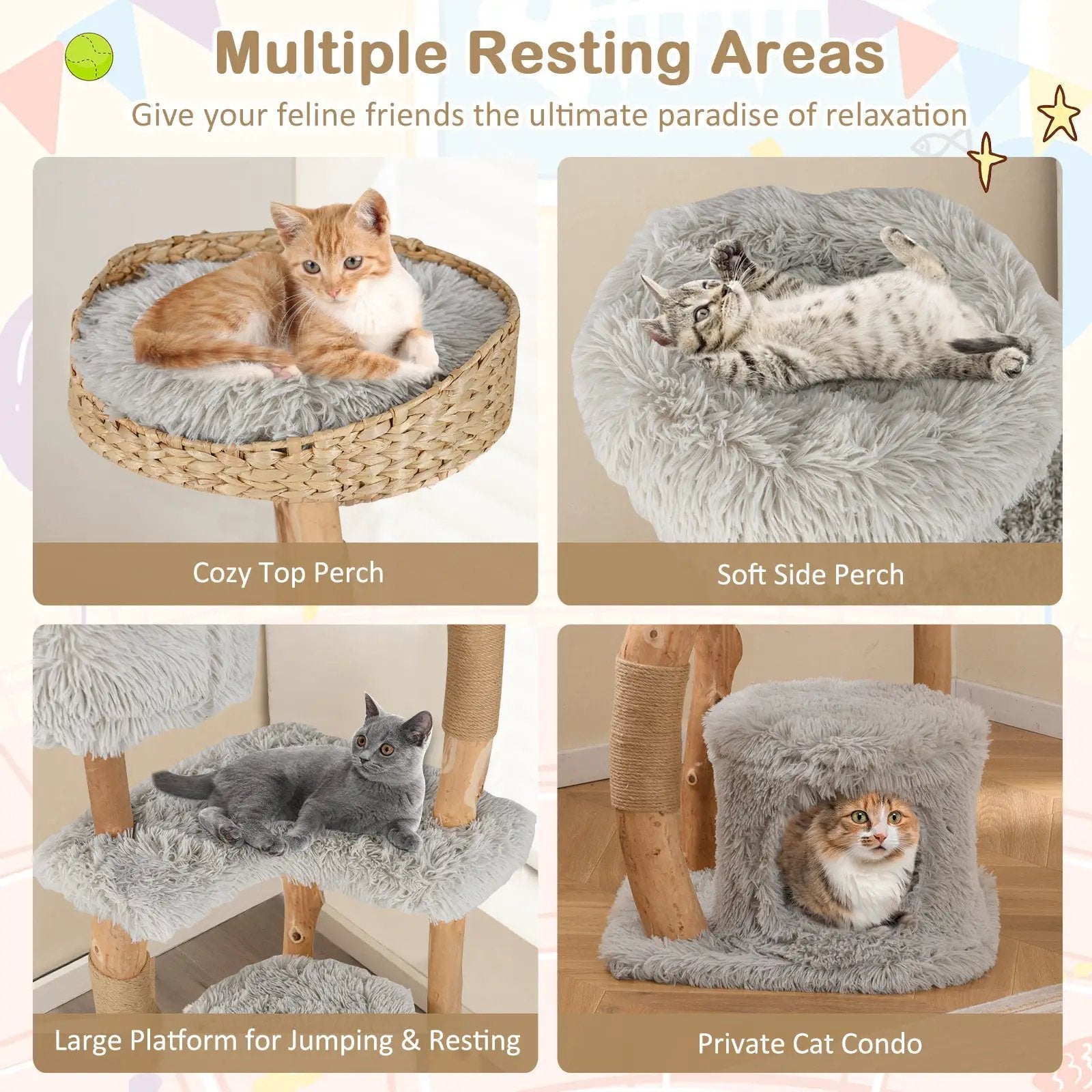 Solid Wood Cat Tower with Top Cattail Basket Cat Bed by DirectDeals
