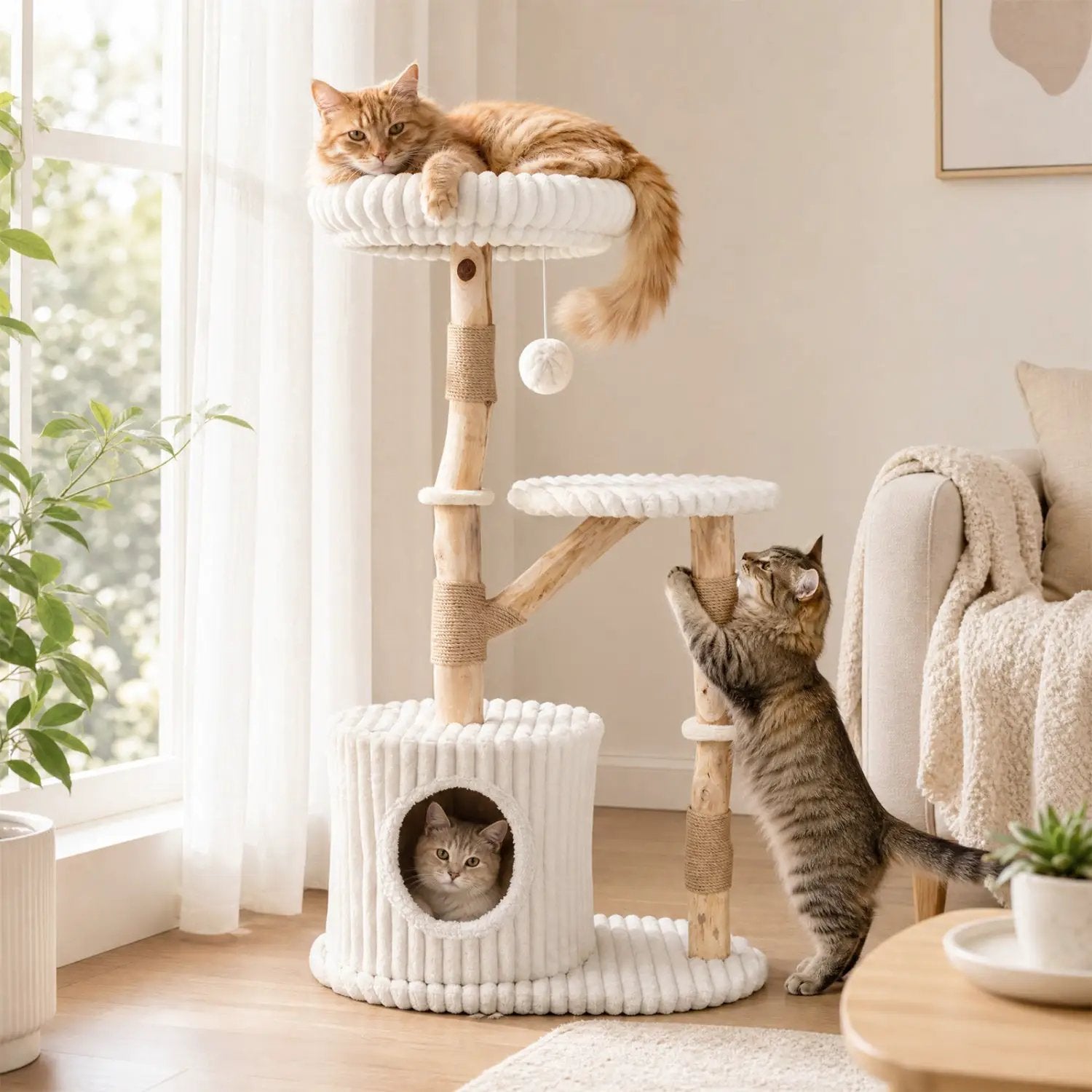 Solid Wood Cat Tree 41" with Real Branches & Cozy Bed by DirectDeals