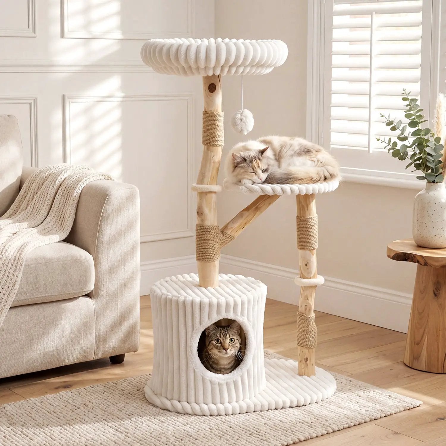 Solid Wood Cat Tree 41" with Real Branches & Cozy Bed by DirectDeals