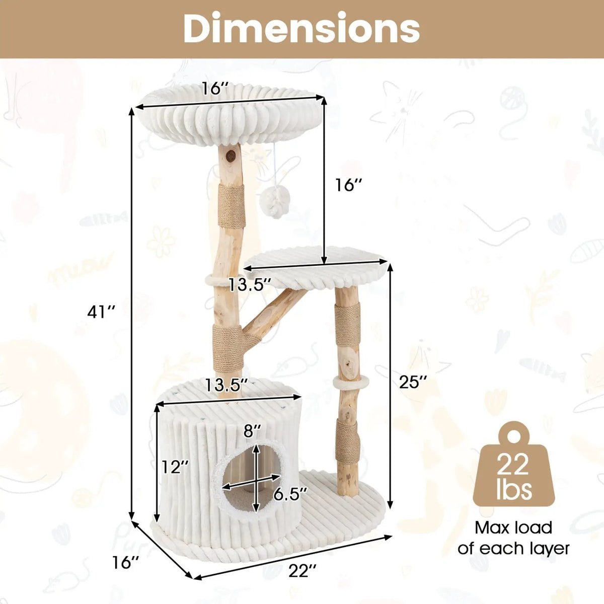 Solid Wood Cat Tree 41" with Real Branches & Cozy Bed by DirectDeals