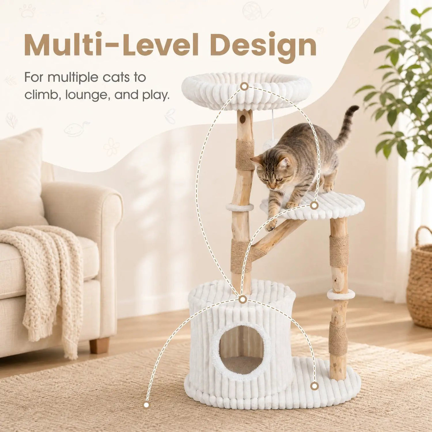 Solid Wood Cat Tree 41" with Real Branches & Cozy Bed by DirectDeals