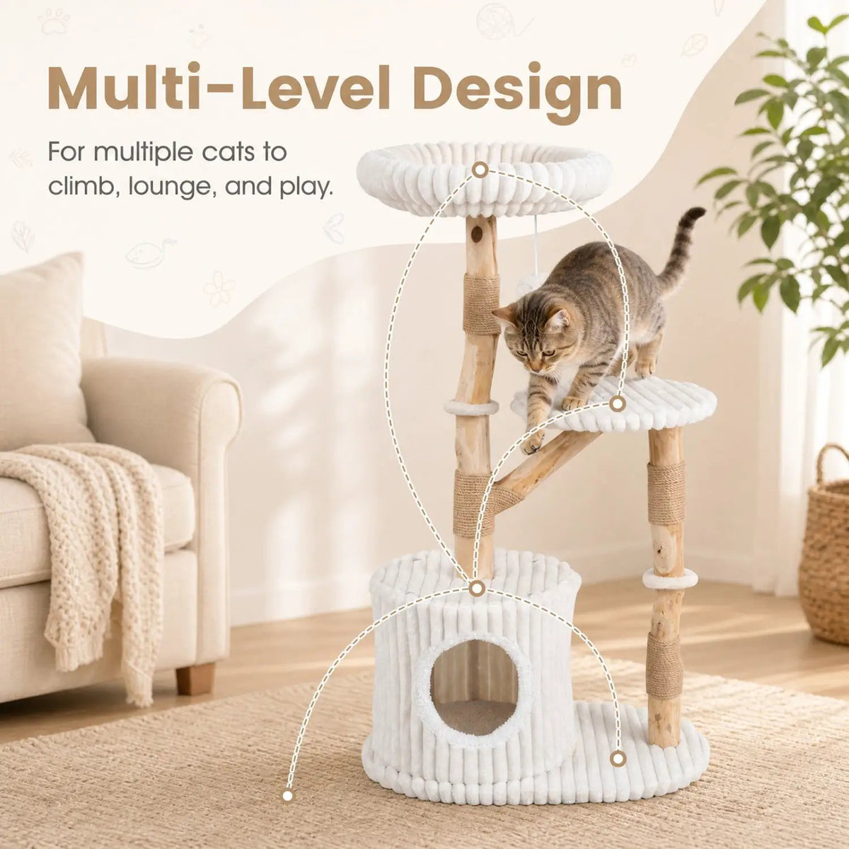 Solid Wood Cat Tree 41" with Real Branches & Cozy Bed by DirectDeals