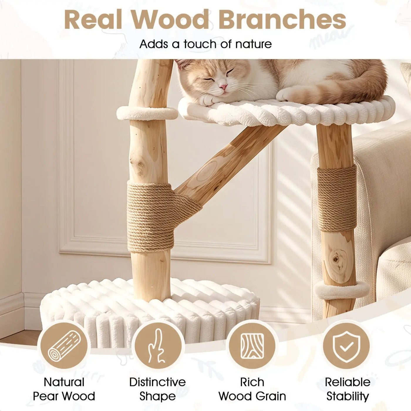 Solid Wood Cat Tree 41" with Real Branches & Cozy Bed by DirectDeals