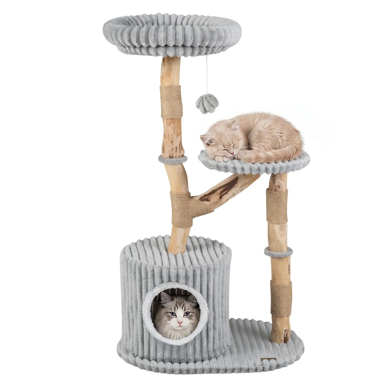 Solid Wood Cat Tree 41" with Real Branches & Cozy Bed by DirectDeals