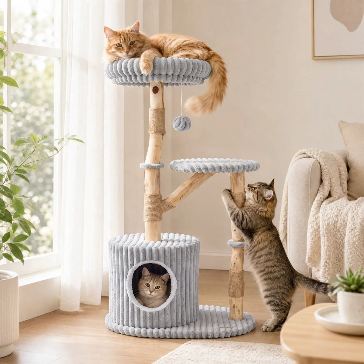 Solid Wood Cat Tree 41" with Real Branches & Cozy Bed by DirectDeals