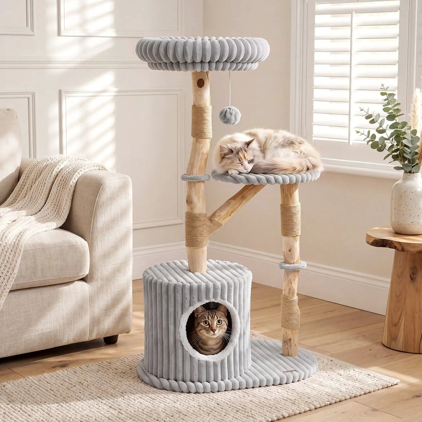 Solid Wood Cat Tree 41" with Real Branches & Cozy Bed by DirectDeals