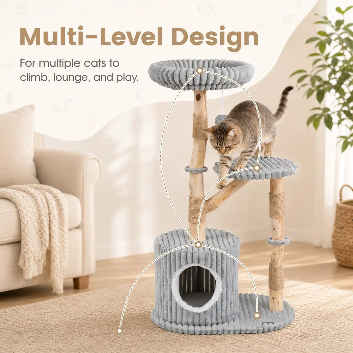 Solid Wood Cat Tree 41" with Real Branches & Cozy Bed by DirectDeals