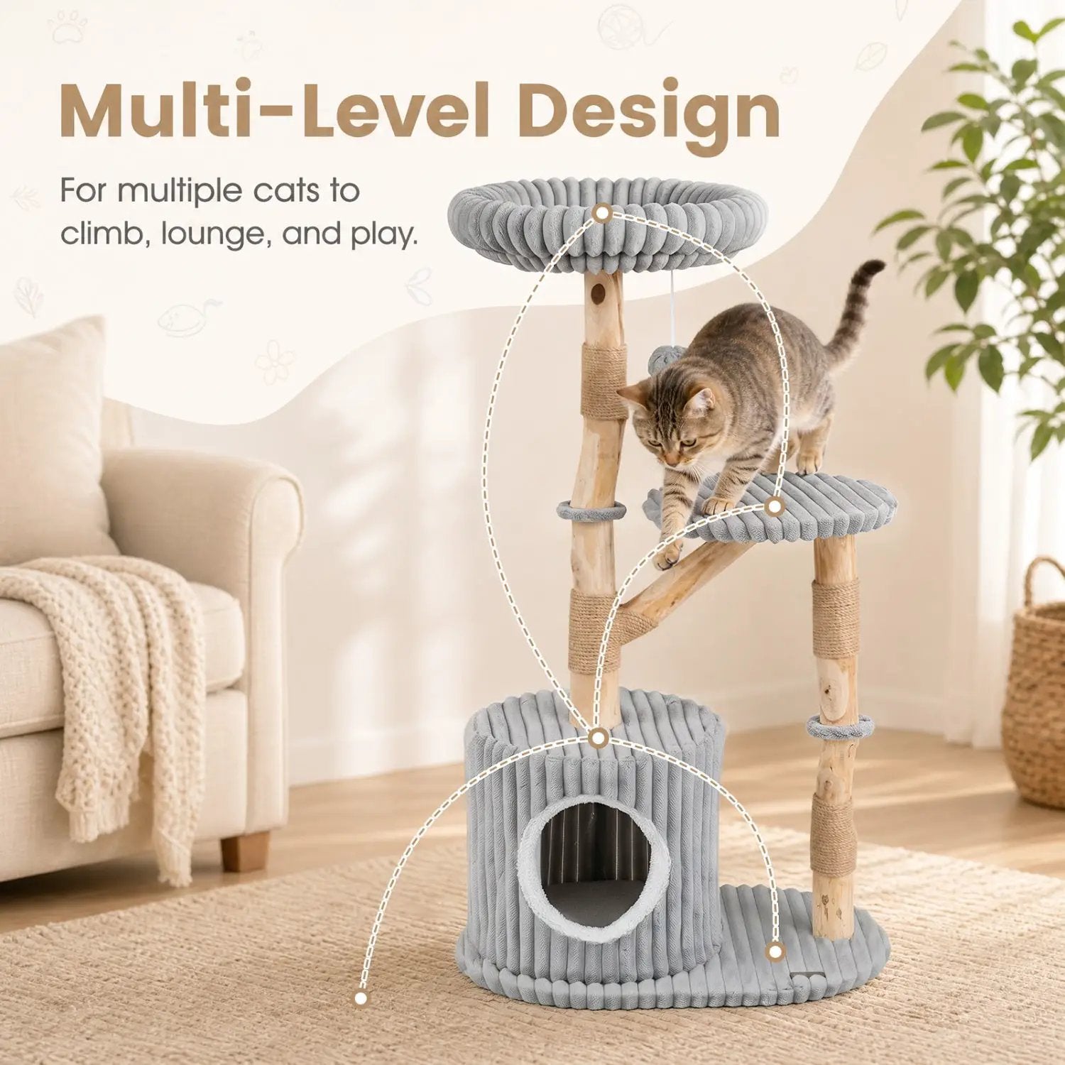 Solid Wood Cat Tree 41" with Real Branches & Cozy Bed by DirectDeals
