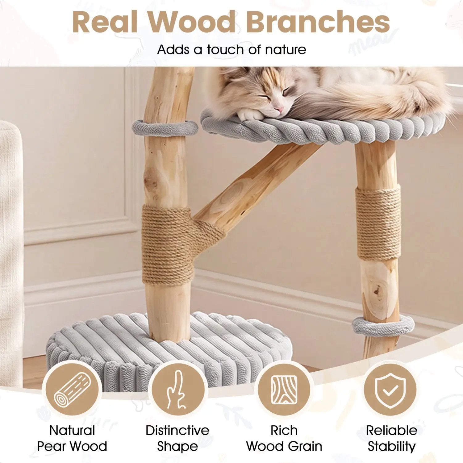 Solid Wood Cat Tree 41" with Real Branches & Cozy Bed by DirectDeals