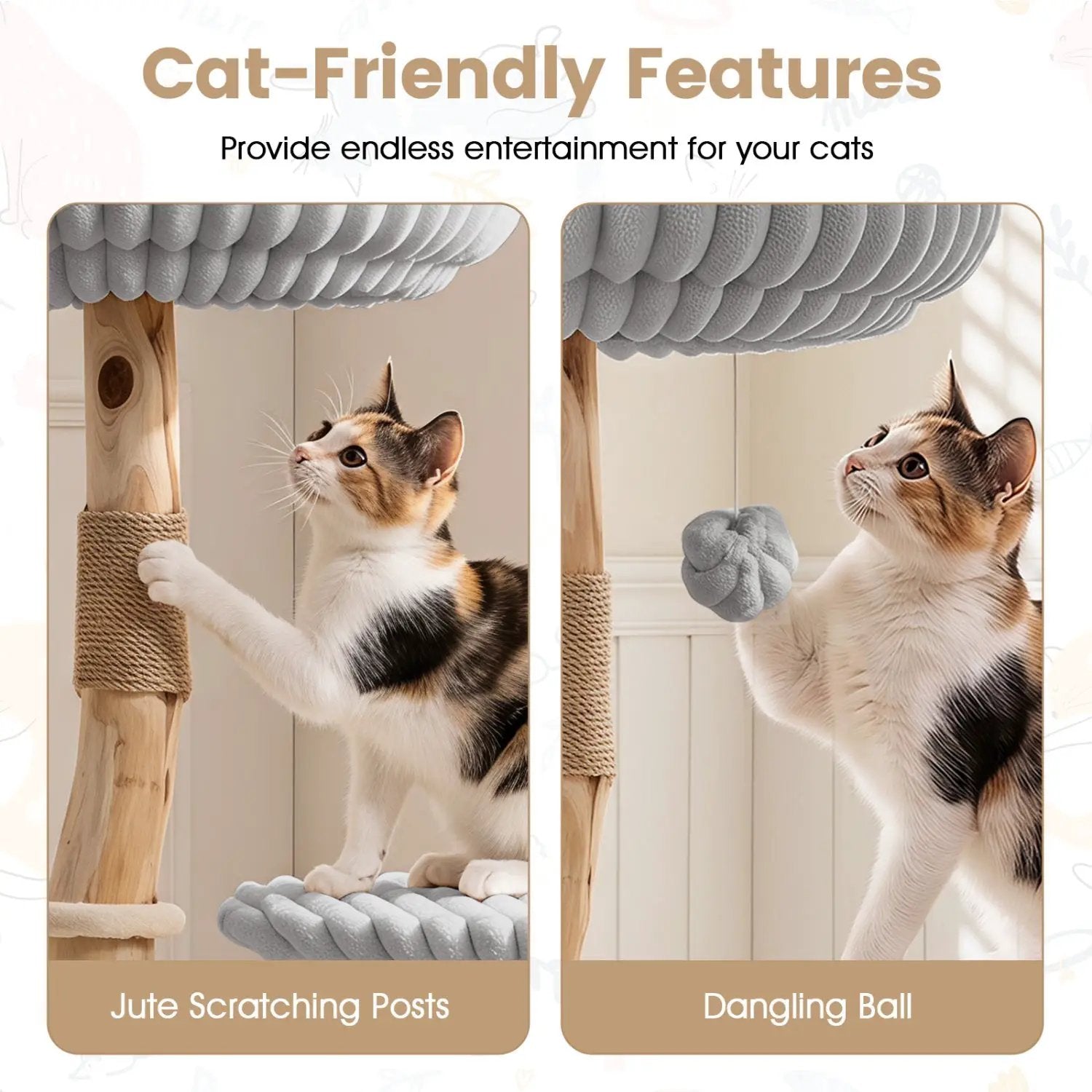 Solid Wood Cat Tree 41" with Real Branches & Cozy Bed by DirectDeals