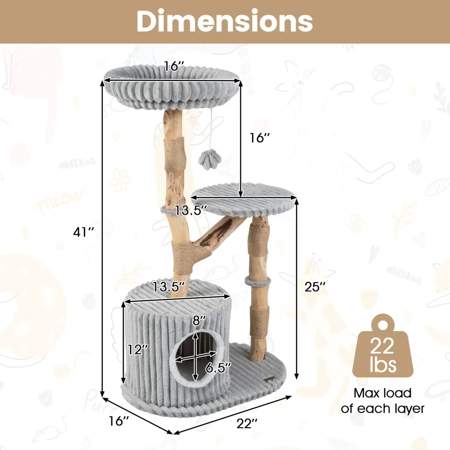 Solid Wood Cat Tree 41" with Real Branches & Cozy Bed by DirectDeals