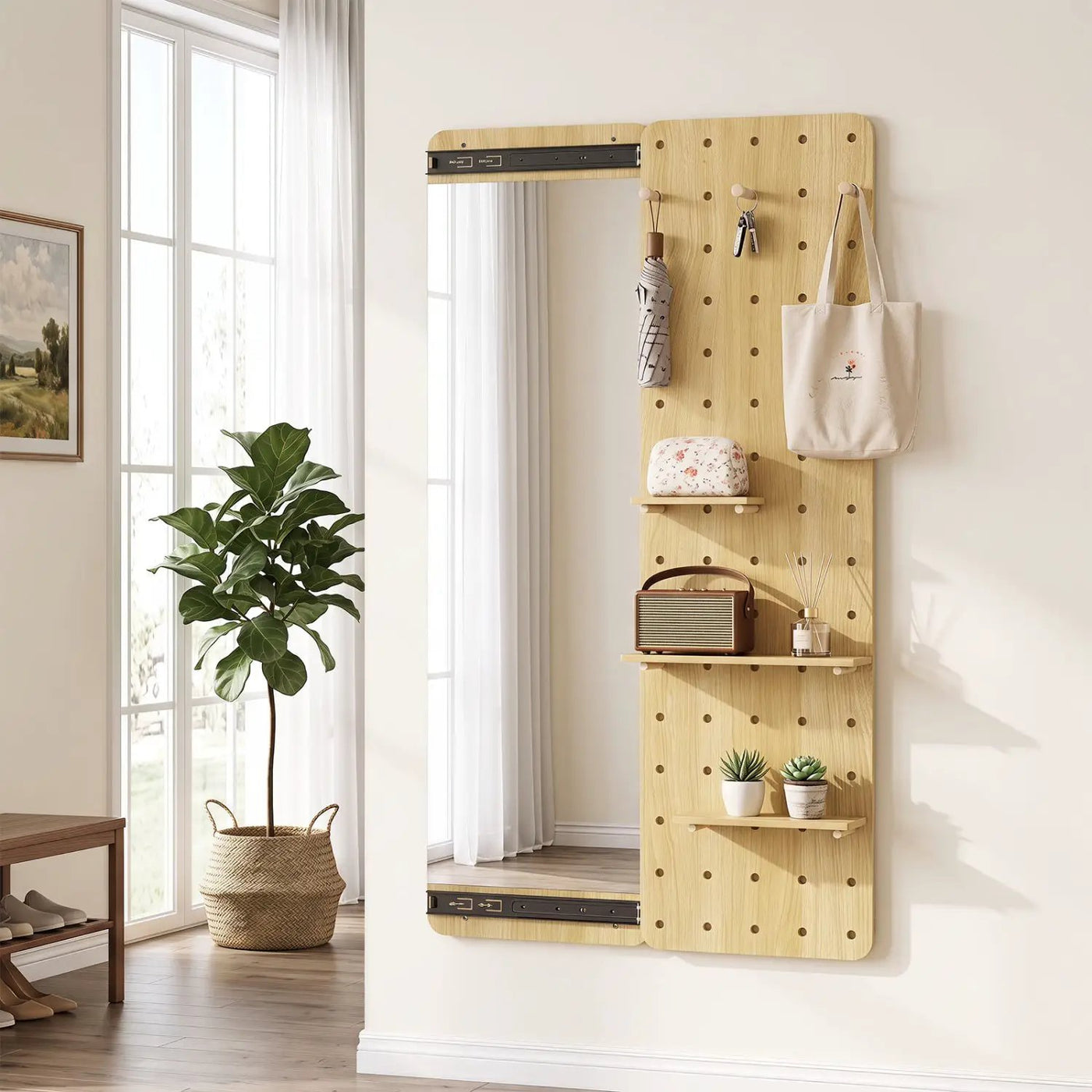 Full Length Wall Mirror with Sliding Pegboard & Shelves by DirectDeals