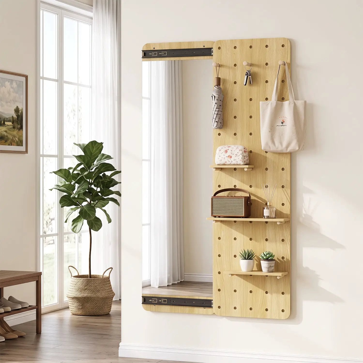 Full Length Wall Mirror with Sliding Pegboard & Shelves by DirectDeals