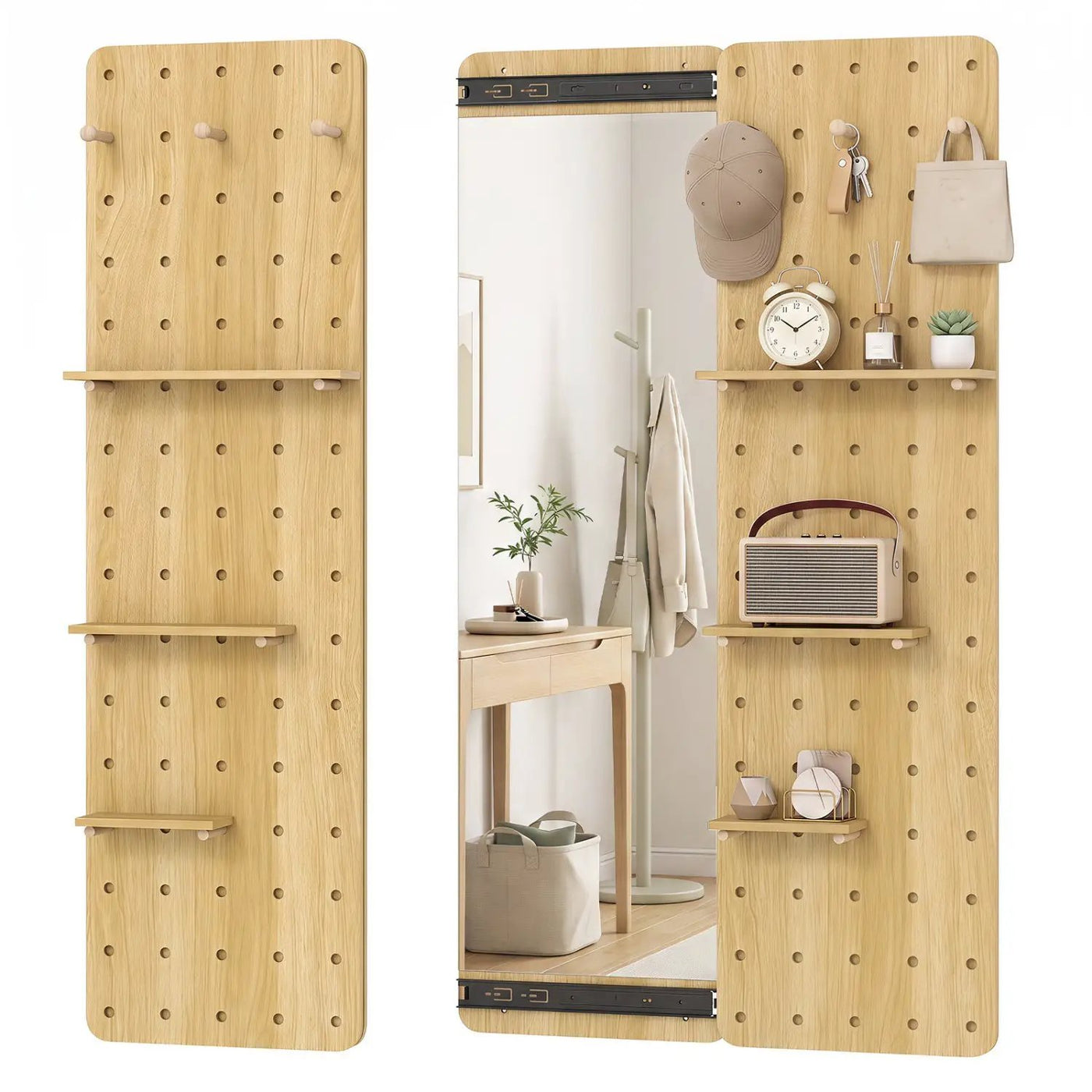 Full Length Wall Mirror with Sliding Pegboard & Shelves by DirectDeals