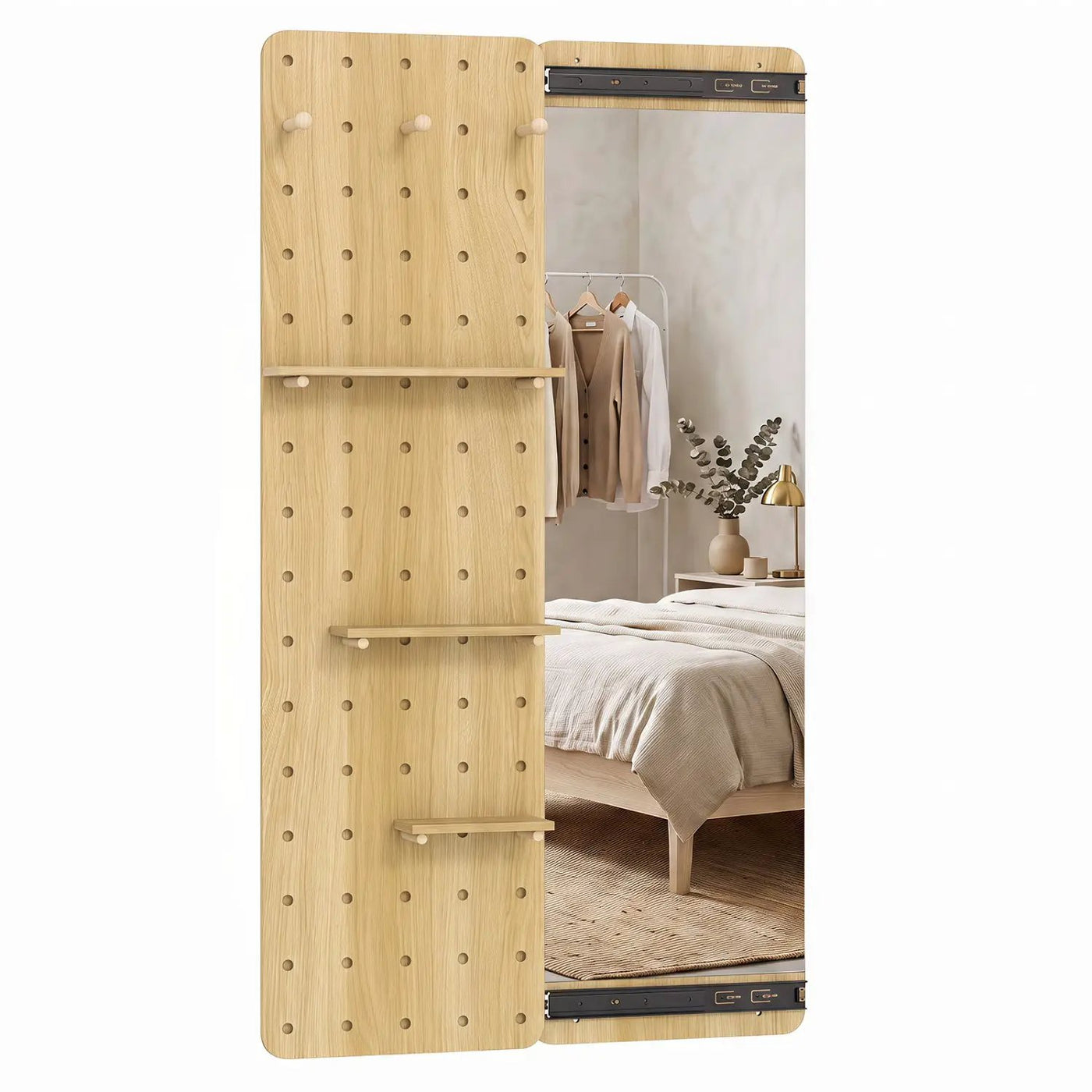 Full Length Wall Mirror with Sliding Pegboard & Shelves by DirectDeals