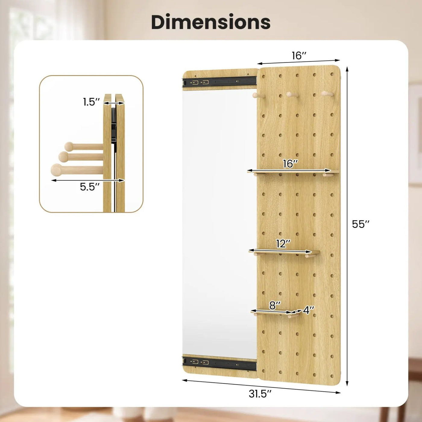 Full Length Wall Mirror with Sliding Pegboard & Shelves by DirectDeals