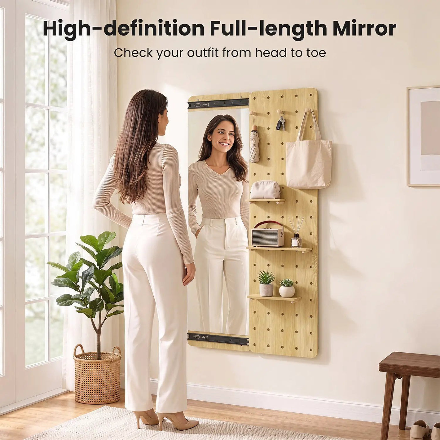 Full Length Wall Mirror with Sliding Pegboard & Shelves by DirectDeals