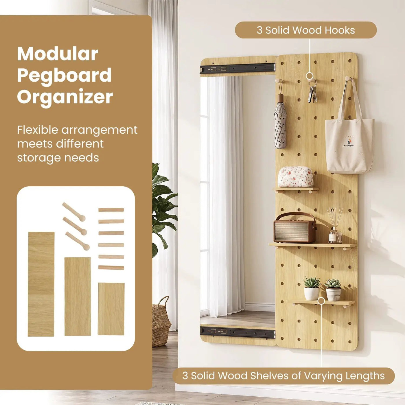 Full Length Wall Mirror with Sliding Pegboard & Shelves by DirectDeals