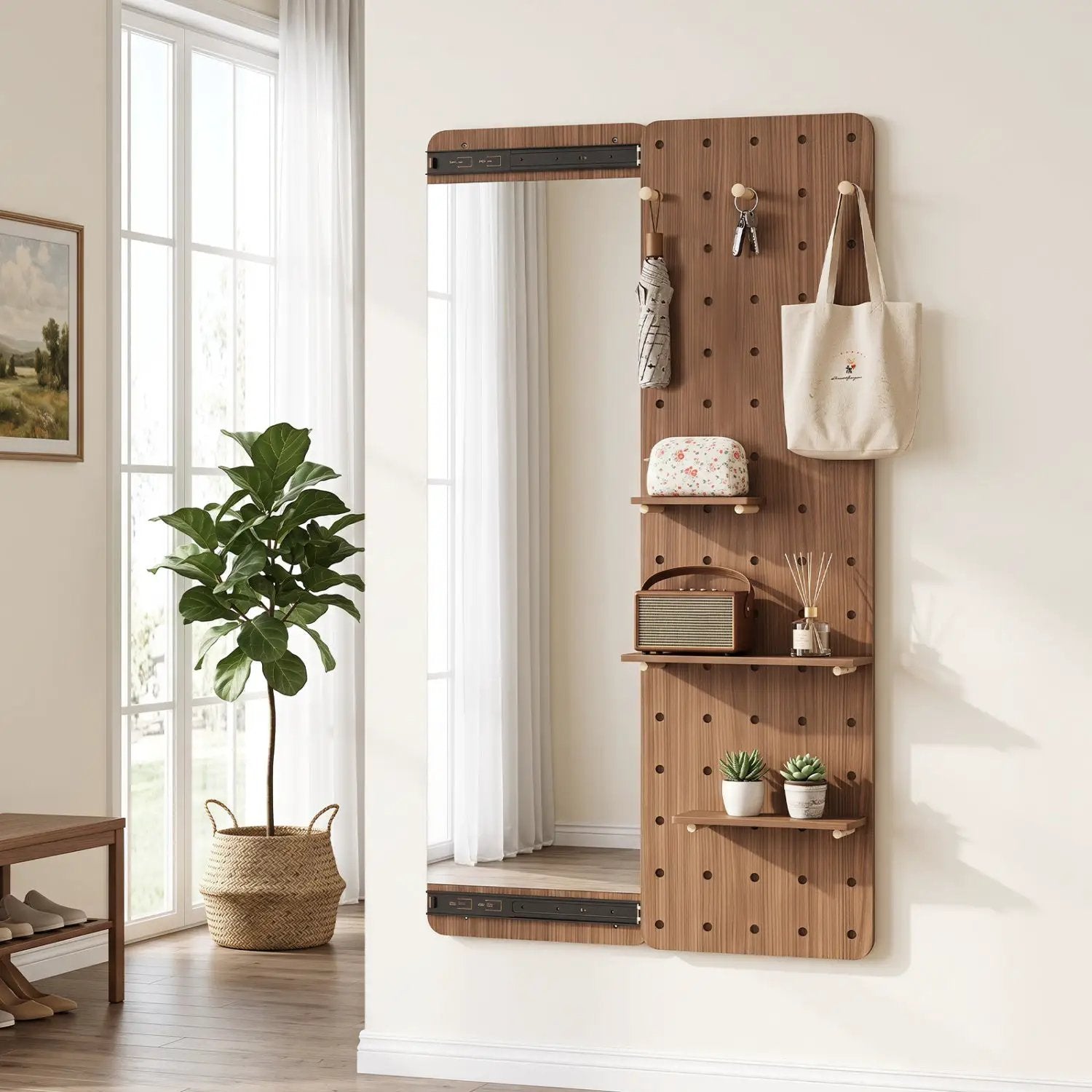 Full Length Wall Mirror with Sliding Pegboard & Shelves by DirectDeals