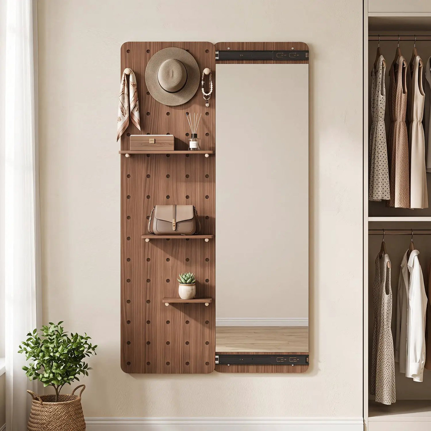 Full Length Wall Mirror with Sliding Pegboard & Shelves by DirectDeals