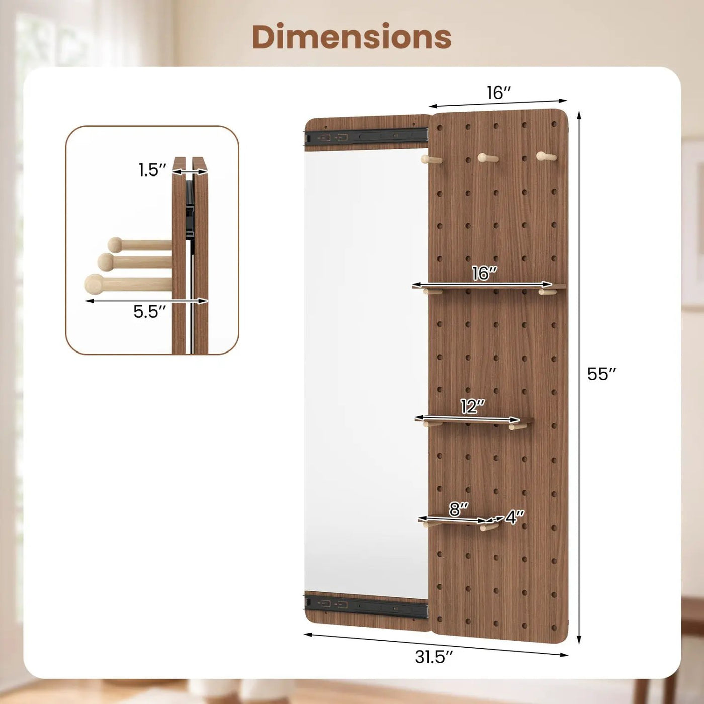 Full Length Wall Mirror with Sliding Pegboard & Shelves by DirectDeals
