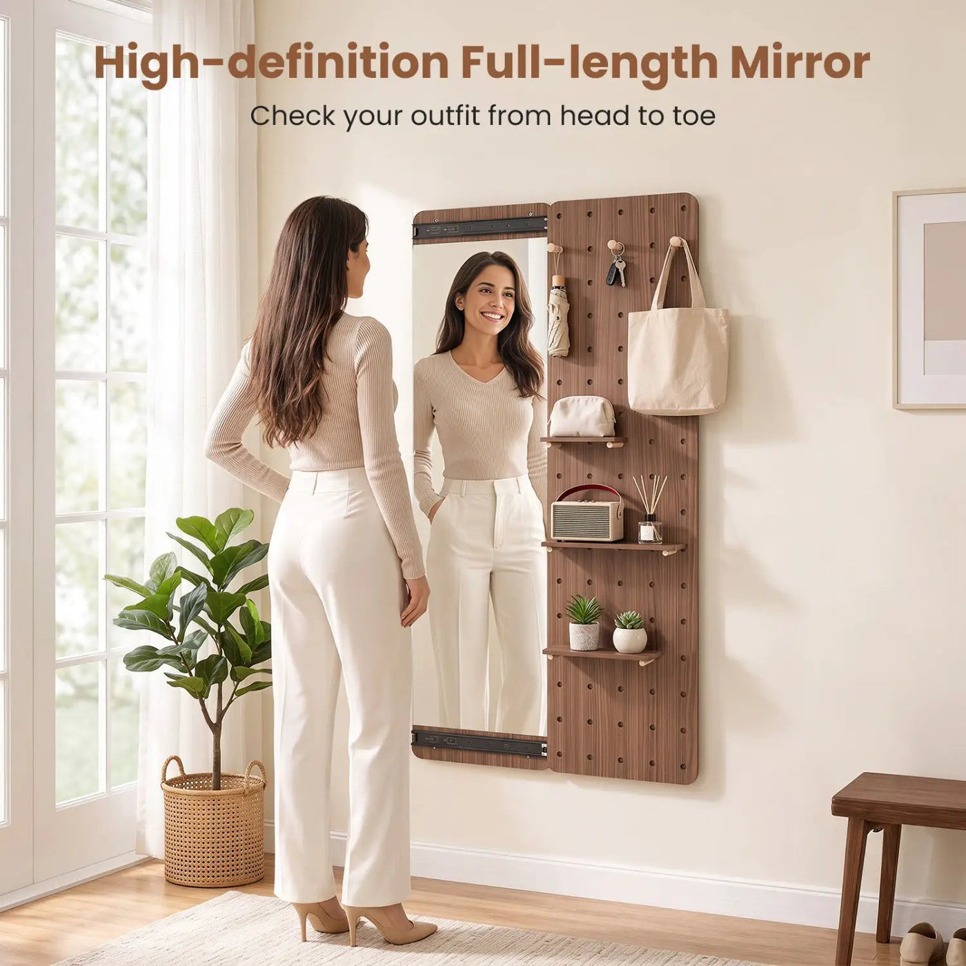 Full Length Wall Mirror with Sliding Pegboard & Shelves by DirectDeals