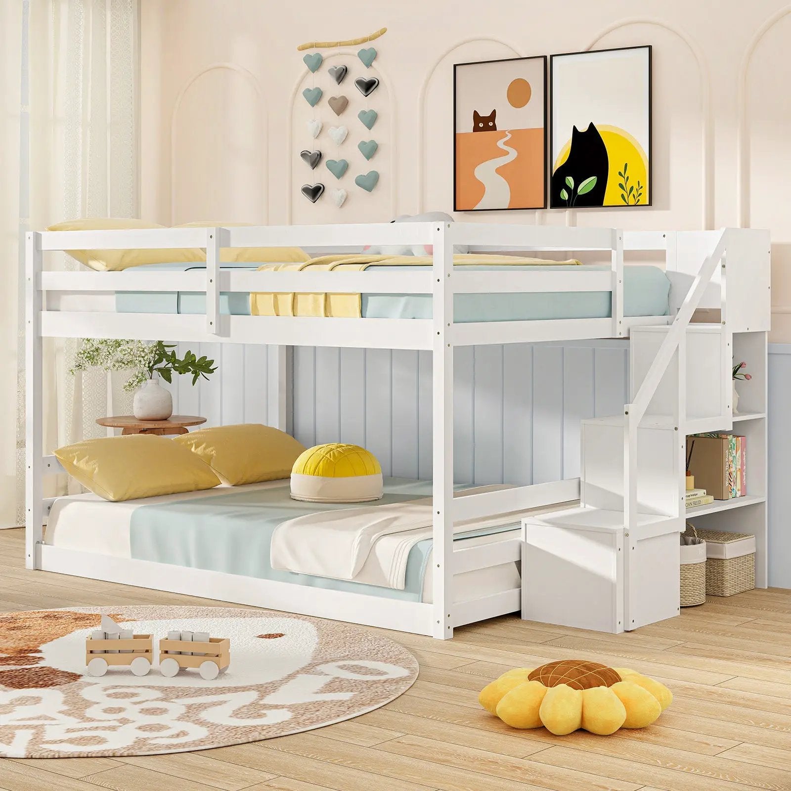 Solid Wood Full Over Full Low Bunk Bed with Storage Stairs by DirectDeals
