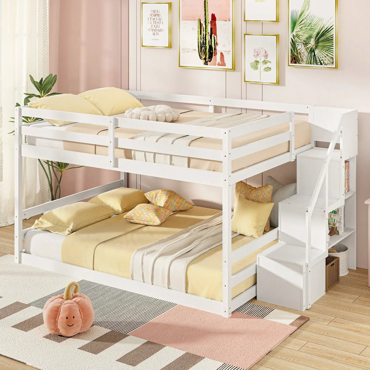 Solid Wood Full Over Full Low Bunk Bed with Storage Stairs, photo 2 of 9
