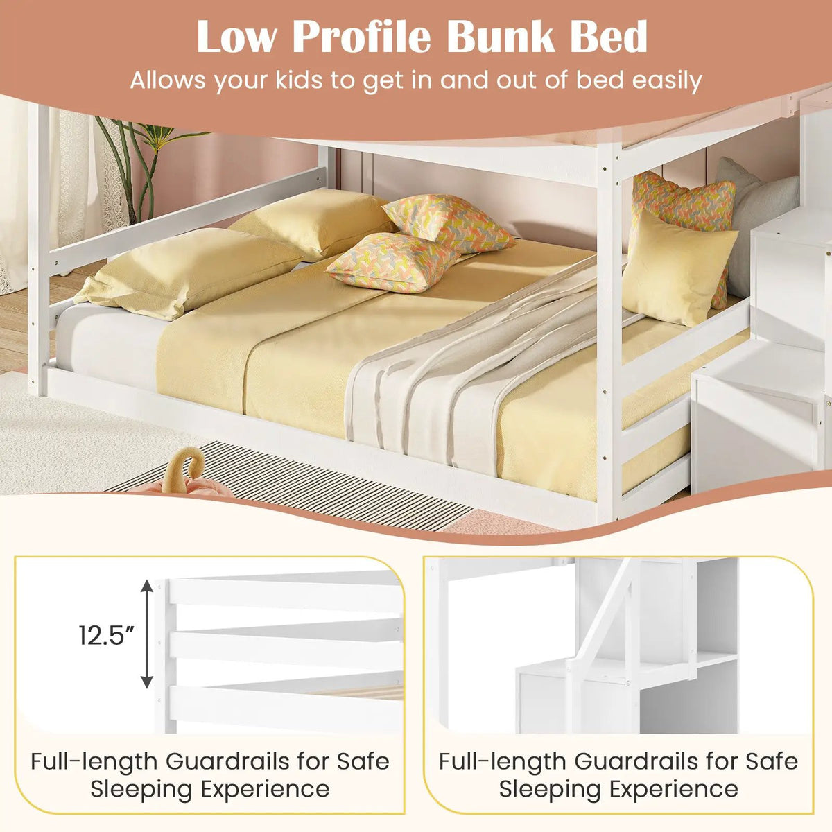 Solid Wood Full Over Full Low Bunk Bed with Storage Stairs, photo 6 of 9