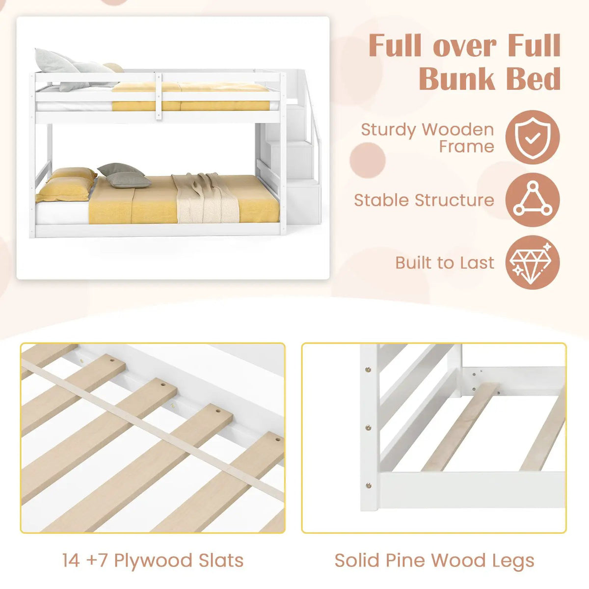 Solid Wood Full Over Full Low Bunk Bed with Storage Stairs, photo 8 of 9