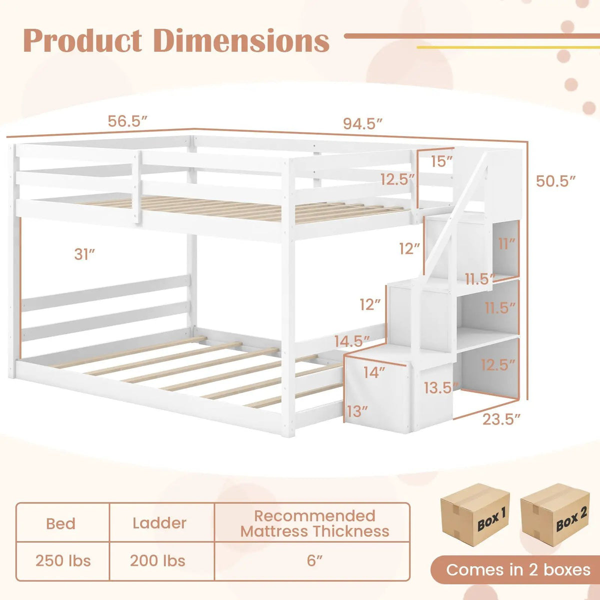 Solid Wood Full Over Full Low Bunk Bed with Storage Stairs, photo 5 of 9
