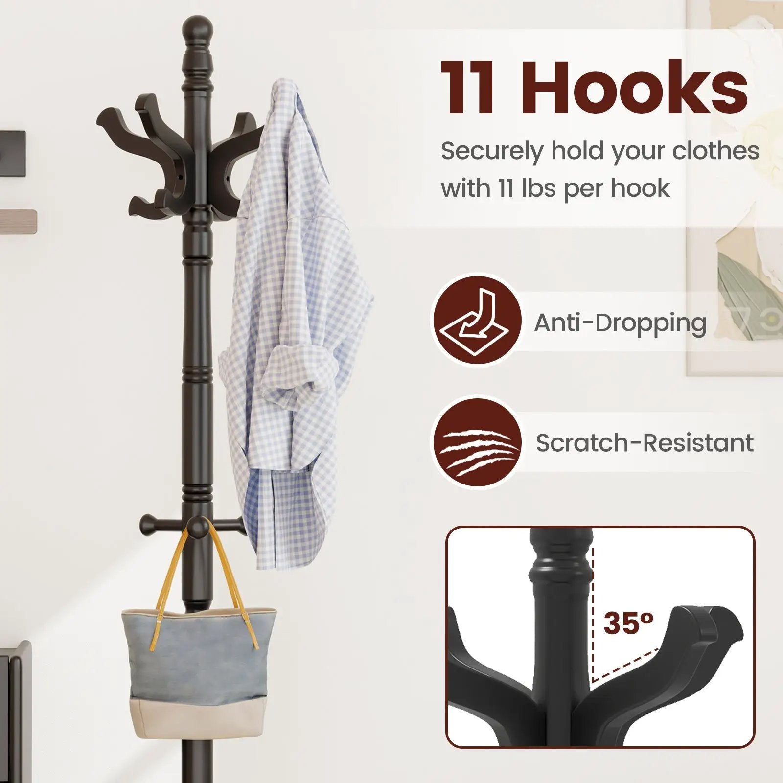 Solid Wood Hall Tree with 11 Hooks and 3 Height Options for Entryway by DirectDeals