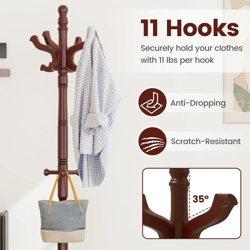 Solid Wood Hall Tree with 11 Hooks and 3 Height Options for Entryway by DirectDeals