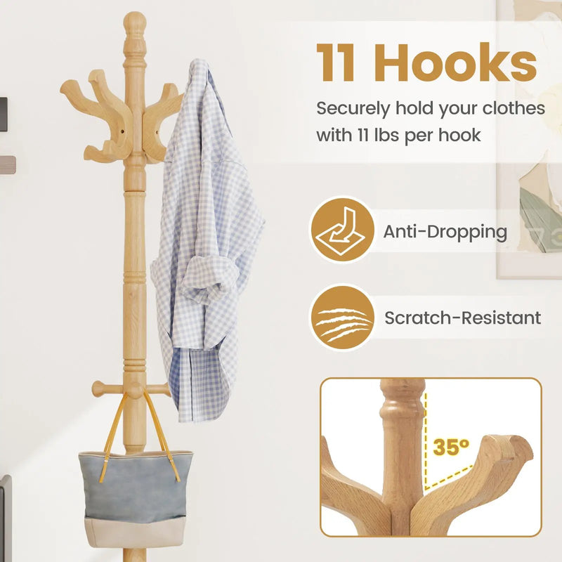Solid Wood Hall Tree with 11 Hooks and 3 Height Options for Entryway by DirectDeals